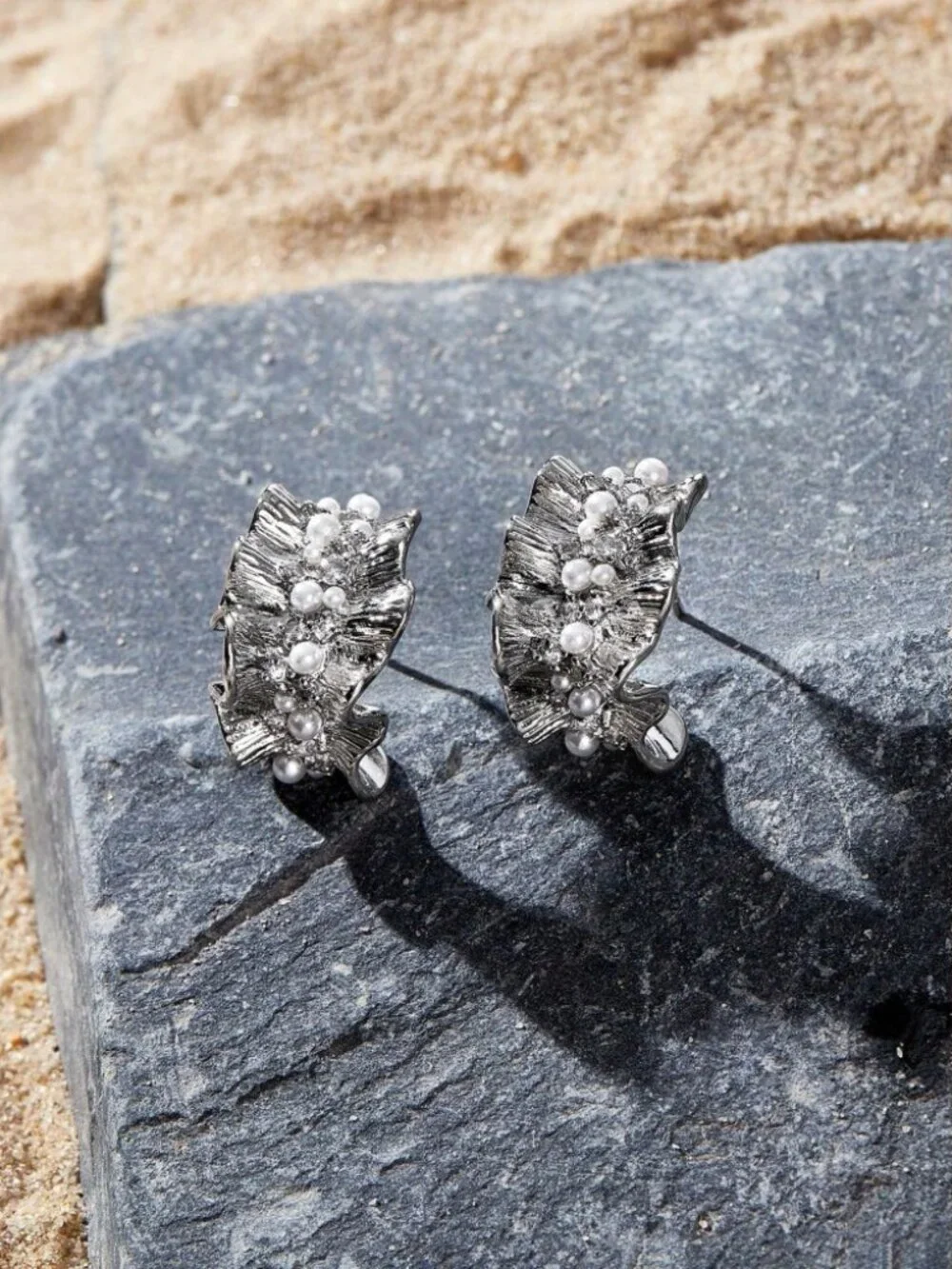 Silver Textured Wave Pearl Cluster Earrings